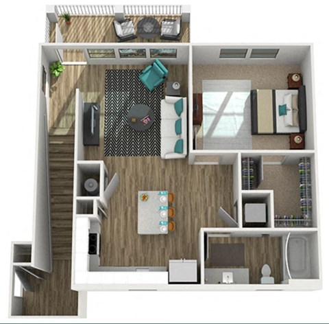 Floor plan for 1 bed, 1 bath, 907 sqft
